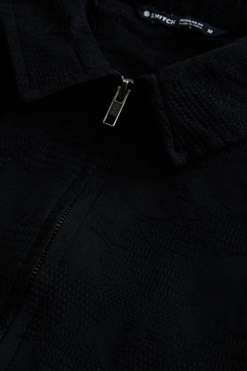 Snitch Black Zipper Lapel Collar Regular Fit Textured Jacket for Men | Best Price UAE
